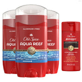 Old Spice Aluminum Free Deodorant for Men, 24/7 Odor Protection, 24/7 Freshness & Lasting Scent, Aqua Reef with Cypress Scent, 3.0 oz with Travel Size Swagger Body Wash (Pack of 4)