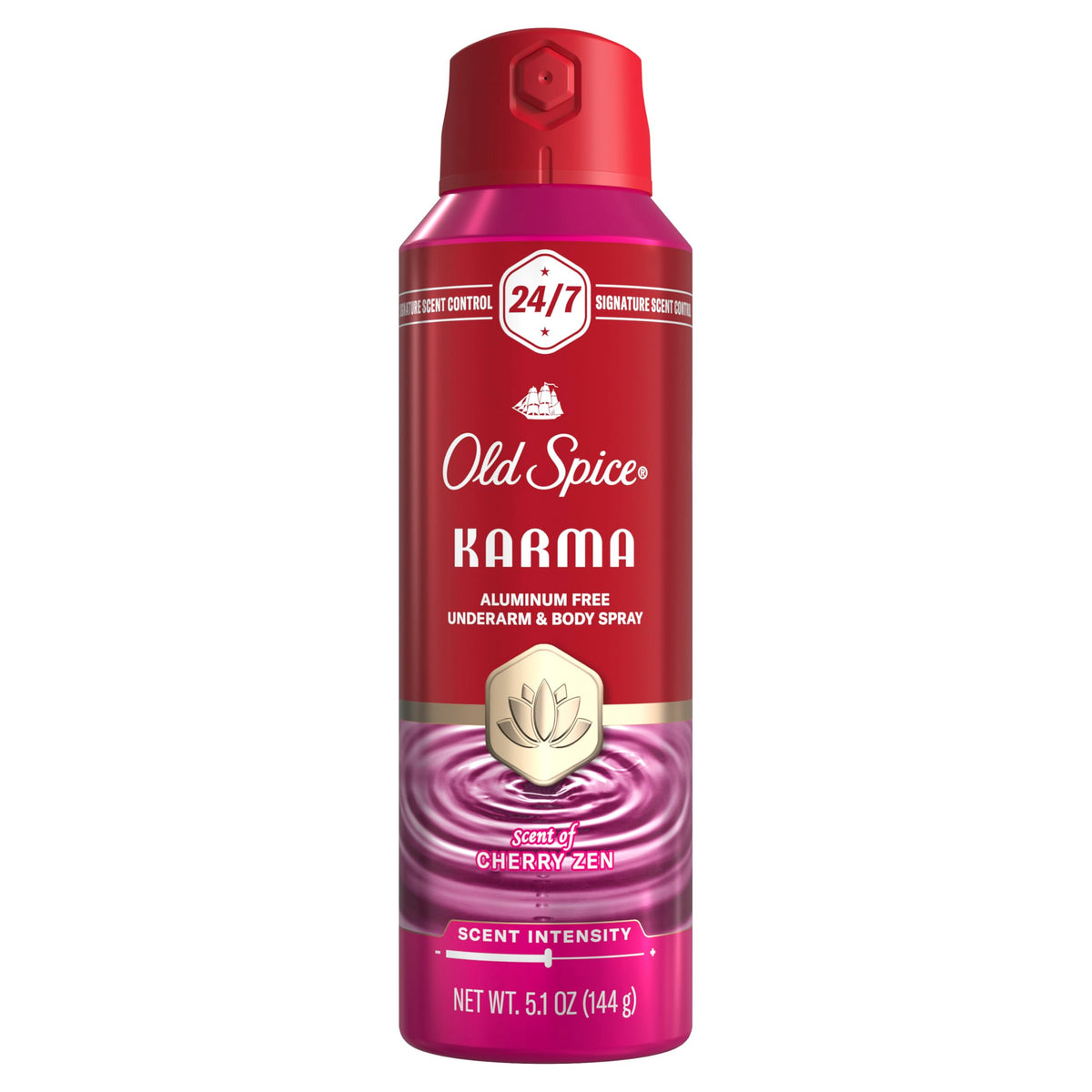 Old Spice Aluminum Free Body Spray for Men, 24/7 Signature Scent & Lasting Freshness, All-Day Odor Protection, Easy Application, Karma with Cherry Spice, Black Pepper, + Sandalwood Scent, 5.1 oz