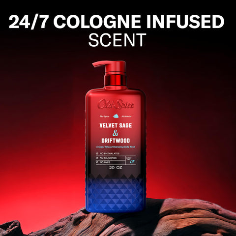 Old Spice Body Wash for Men, The Spice Alchemist Collection, 24/7 Cologne Infused Hydration, No Trade Off Formula, Free of Phthalates Silicones & Dyes, Velvet Sage + Driftwood Scent, 20 oz