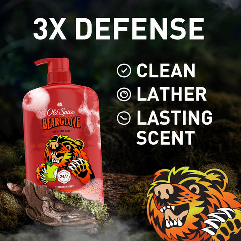 Old Spice Cleansing Body Wash for Men, 3X Defense, 24/7 Shower Fresh with Lasting Scent, 2-in-1 Body & Face Wash, Bearglove with Crisp Orchard Scent, 33.4 (Pack of 4)