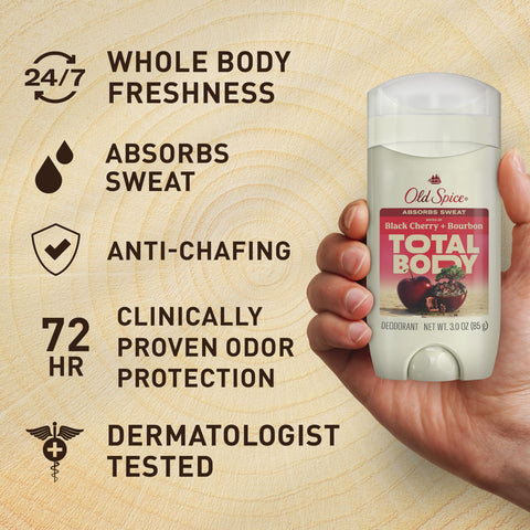 Old Spice Whole Body Deodorant Stick for Men, Aluminum Free, Black Cherry + Bourbon Scent, 24/7 Odor Protection, 24/7 Freshness, Dermatologist Tested, Gentle on Skin, Safe to Use All Over, 3.0 oz