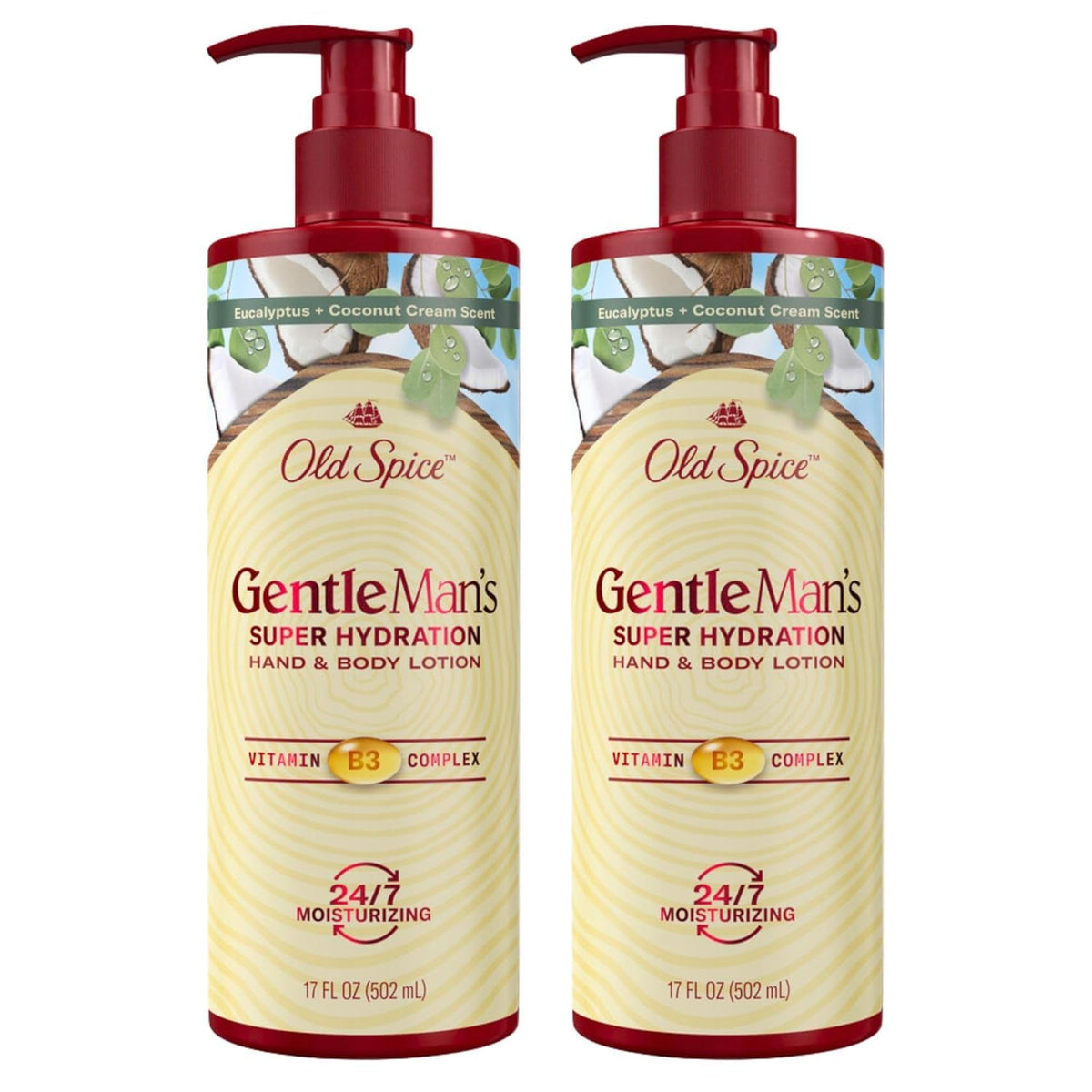 Old Spice Hand & Body Lotion for Men, Gentleman's Super Hydration, 24/7 Moisturizing with Vitamin B3 Complex, Fast Absorping, Eucalyptus & Coconut Cream, 17 oz (Pack of 2)