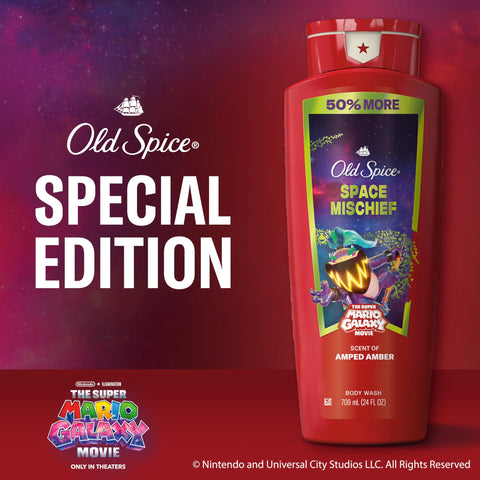 Old Spice Body & Face Wash for Men, x The Super Mario Galaxy Movie, 3X Defense, 24/7 Shower Fresh with Long Lasting Scent, Smell Super with Space Mischief, Amped Amber Scent, 24 oz