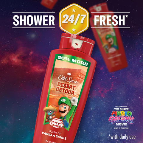 Old Spice Body & Face Wash for Men, x The Super Mario Galaxy Movie, 3X Defense, 24/7 Shower Fresh with Long Lasting Scent, Smell Super with Desert Detour, Vanilla Sands Scent, 24 oz