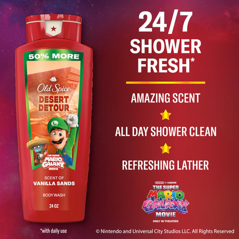 Old Spice Body & Face Wash for Men, x The Super Mario Galaxy Movie, 3X Defense, 24/7 Shower Fresh with Long Lasting Scent, Smell Super with Desert Detour, Vanilla Sands Scent, 24 oz