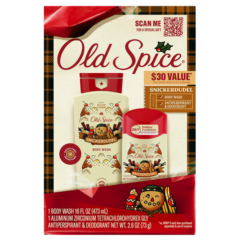 Old Spice Body Wash + Aluminum Free Deodorant for Men, Holidudes: Snickerdudel Holiday Pack, 24/7 Holiday Freshness, Gift Box for Him, Snickerdudel Sugar Cookie, 16 oz & 2.6 oz (Pack of 2)
