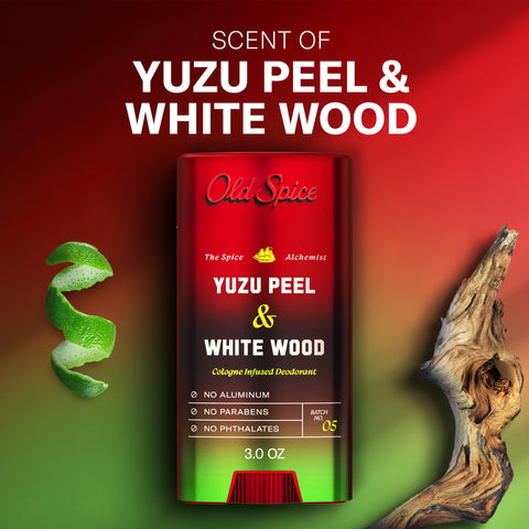 Old Spice Aluminum Free Deodorant for Men, The Spice Alchemist Collection, 24/7 Cologne Infused Scent, No Trade Off Formula, Free of Parabens & Phthalates, Yuzu Peel + White Wood Scent, 3.0 oz