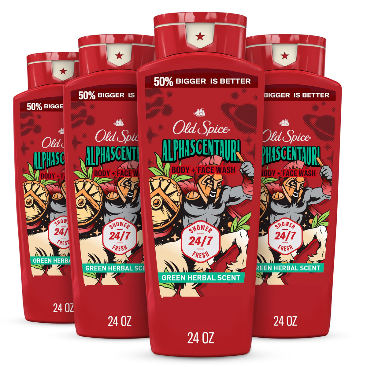 Old Spice Cleansing Body Wash for Men, 3X Defense, 24/7 Shower Fresh with Lasting Scent, 2-in-1 Body & Face Wash, Alphascentauri with Green Herbal Scent, 24 oz (Pack of 4)
