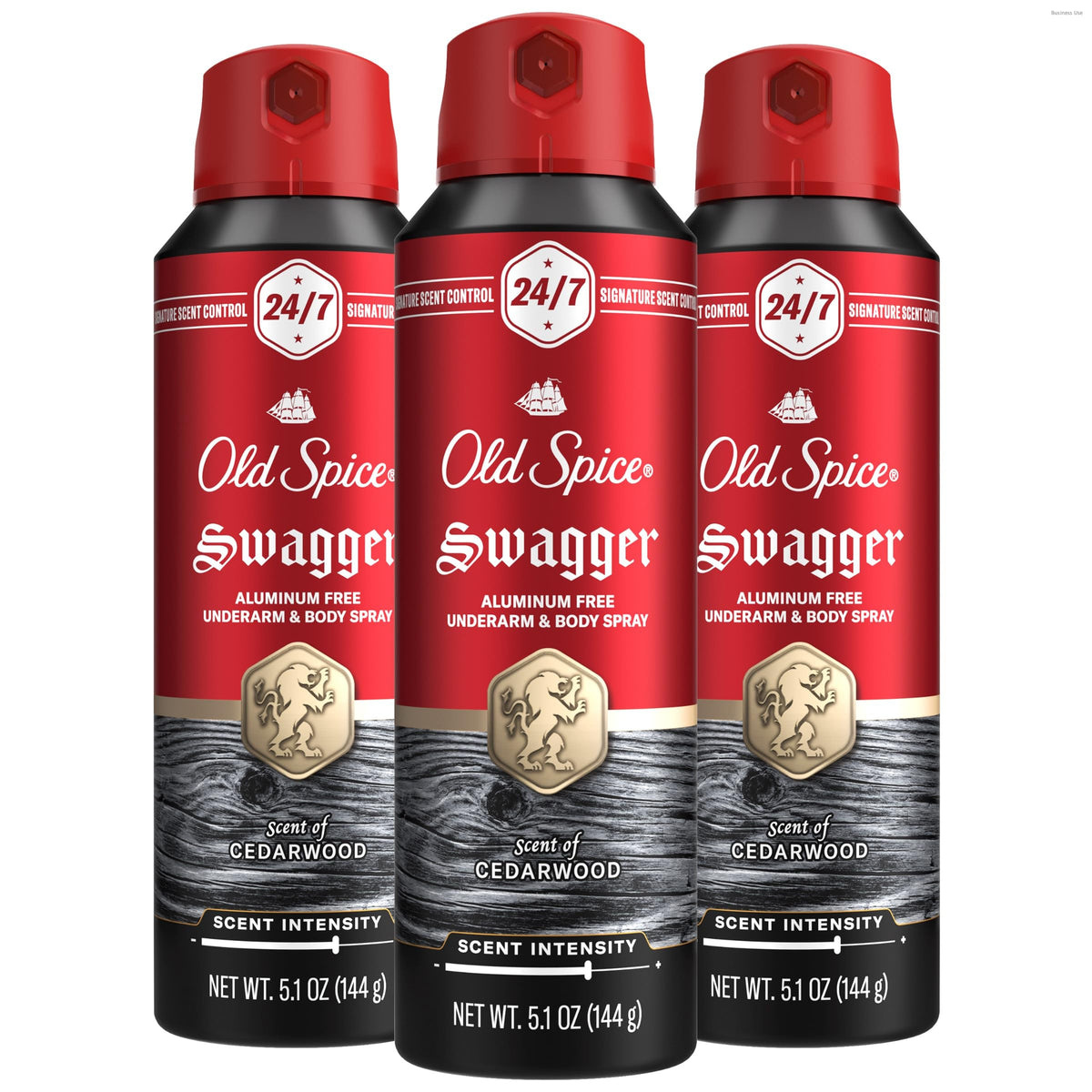 Old Spice Aluminum Free Body Spray for Men, 24/7 Signature Scent & Lasting Freshness, All-Day Odor Protection, Easy Application, Swagger with Cedarwood, Apple, & Fresh Herbs Scent, 5.1 oz (Pack of 3)