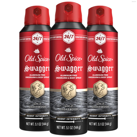 Old Spice Aluminum Free Body Spray for Men, 24/7 Signature Scent & Lasting Freshness, All-Day Odor Protection, Easy Application, Swagger with Cedarwood, Apple, & Fresh Herbs Scent, 5.1 oz (Pack of 3)