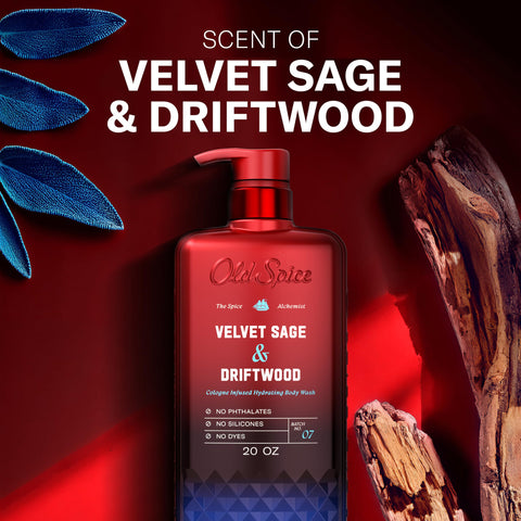 Old Spice Body Wash for Men, The Spice Alchemist Collection, 24/7 Cologne Infused Hydration, No Trade Off Formula, Free of Phthalates Silicones & Dyes, Velvet Sage + Driftwood Scent, 20 oz