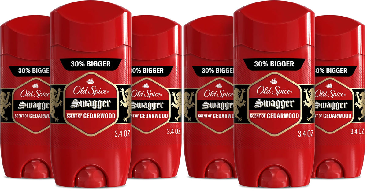 Old Spice Antiperspirant Deodorant for Men,24/7 Sweat & Odor Protection,24/7 Lasting Freshness,Invisible Solid,Swagger with Cedarwood Scent,3.4 oz,(Pack of 6)