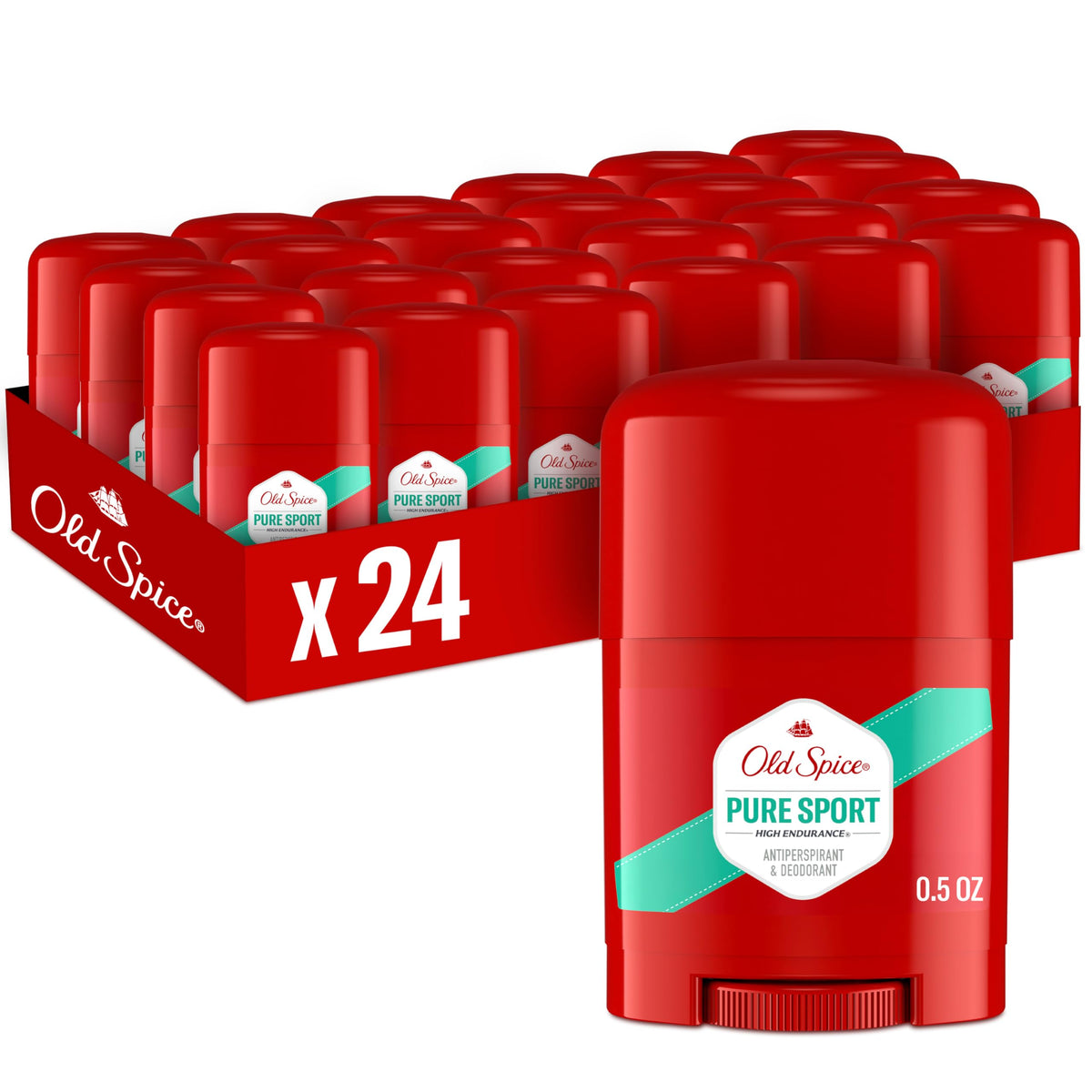 Old Spice Antiperspirant Deodorant For Men, High Endurance, 24/7 Sweat Defense & Odor Protection, 24/7 Freshness & Lasting Scent, Pure Sport Scent, 0.5 oz (Pack of 24)