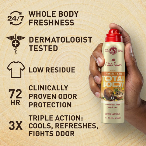 Old Spice Whole Body Deodorant Spray for Men, Aluminum Free, Vanilla + Shea Scent, 24/7 Odor Protection, 24/7 Lasting Freshness, Dermatologist Tested, Gentle on Skin, Safe to Use All Over, 3.5 oz