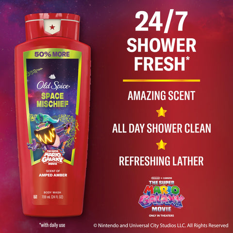 Old Spice Body & Face Wash for Men, x The Super Mario Galaxy Movie, 3X Defense, 24/7 Shower Fresh with Long Lasting Scent, Smell Super with Space Mischief, Amped Amber Scent, 24 oz