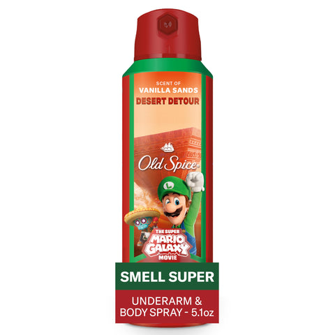 Old Spice Aluminum Free Body Spray for Men, Old Spice x The Super Mario Galaxy Movie, 24/7 Lasting Freshness, Lasting Odor Protection, Smell Super with Desert Detour, Vanilla Sands Scent, 5.1 oz