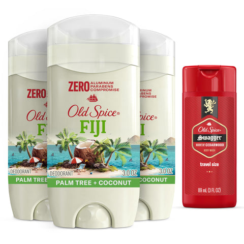 Old Spice Aluminum Free Deodorant for Men, 24/7 Long Lasting Freshness, 24/7 Sweat & Odor Protection, Fiji with Palm Tree Scent Deodorant with Travel-Size Swagger Scent Body Wash, 3 oz (Pack of 3)