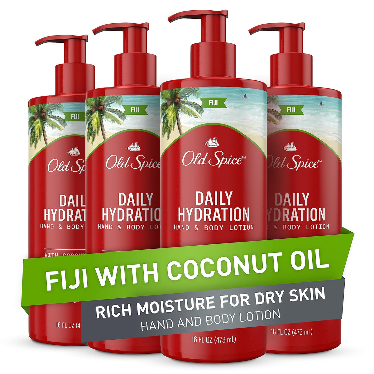 Old Spice Hand & Body Lotion for Men, Daily Hydration, 24/7 Hydration, 24/7 Replenishing Rich Moisture for Dry Skin, Lightweight Formula, Fiji with Coconut Oil Scent, 16 fl (Pack of 4)