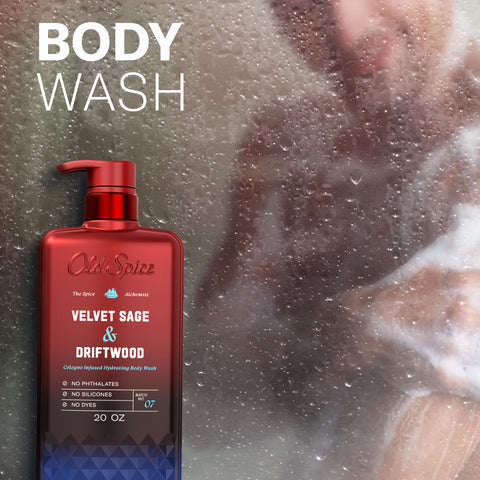 Old Spice Body Wash for Men, The Spice Alchemist Collection, 24/7 Cologne Infused Hydration, No Trade Off Formula, Free of Phthalates Silicones & Dyes, Velvet Sage + Driftwood Scent, 20 oz